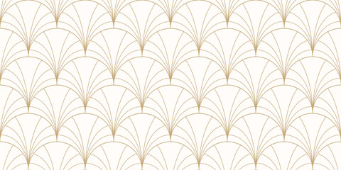 Wall Mural - Luxury art deco seamless pattern. Golden vector geometric linear texture with curved lines, fish scale ornament, peacock pattern, grid. Elegant gold and white abstract background. Repeat geo design