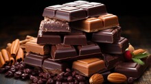 Various Assortment Of Chocolate With Paste, Chocolate Background.