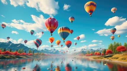 colorful hot air balloons flying in the blue sky at the festival.