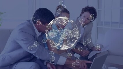 Poster - Animation of globe with network of connections over diverse business people in office
