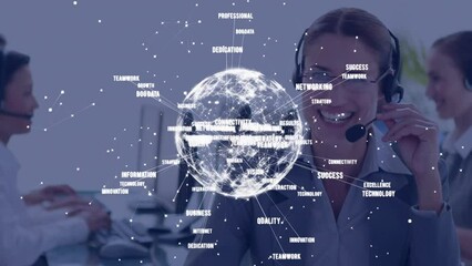 Poster - Animation of globe with network of connections over diverse business people in office