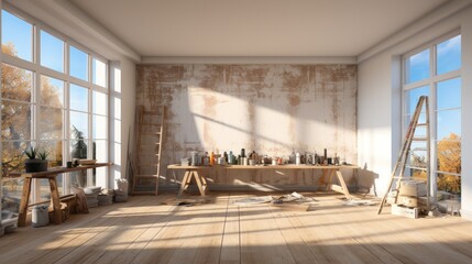 Poster - Home under construction, Interior construction of housing, Construction building industry new home.