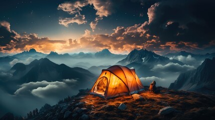 the traveler's orange tent on high mountain and sea of mist, summer night landscape.