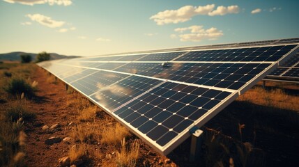Wall Mural - Solar panels in solar farm with sun lighting to create the clean electric power.
