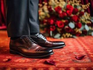 Wall Mural - male legs in black leather shoes stand on a red carpet floor near a bouquet of red roses
