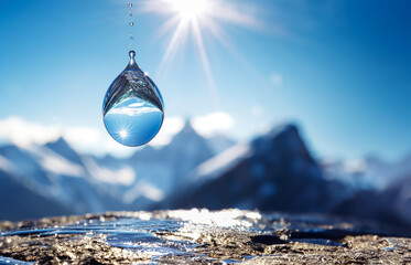 a flying drop of water macro against the backdrop of a mountain landscape and a lake. f pure natural