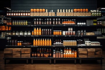 Wall Mural - a wooden table with shelves of different products in a supermarket Generative AI