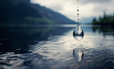 A flying drop of water macro against the backdrop of a mountain landscape and a lake. f pure natural drinking water.