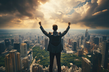 successful businessman raising his arms like a winner standing on roof of office building with city 