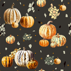 Wall Mural - Autumn pumpkins. Leaves, abstraction, pumpkins. Fall, Thanksgiving, Holiday Print, Fabric, Textile, Autumn, Halloween Cards, Fabric, Banners, Invitations. Autumn pumpkins with a tiger pattern.