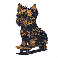 Cute Furry Puppy Learning To Skate Funny Yorkie Dog Cartoon Style Illustration
