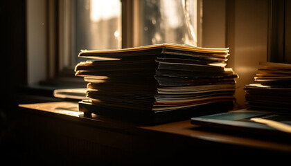 Sticker - Old literature stack on wooden table indoors generated by AI