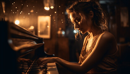 Sticker - Young woman practicing piano, concentration and joy generated by AI