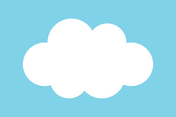 White abstract cloud illustration. Cute fluffy, bubbly cloud. Single white cloudy shape isolated on blue background. Flat vector decoration element.