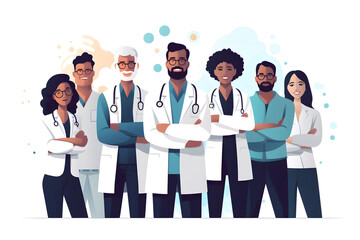 Flat vector illustration multi ethnic group of scientists doctors team smiling with arms crossed standing together successful idea concept isolated on white transparent background ai generate603862732