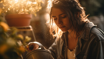 Poster - Smiling young woman enjoys winter nature outdoors generated by AI