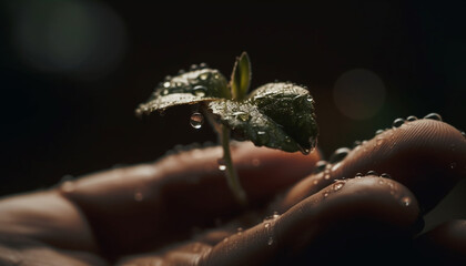 Poster - Fresh dew on fragile leaf, nature beauty generated by AI