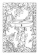 A black and white vector image of a drinking spring in the shape of a bowl,on the edge of which sits an angel,on the base-column against on the backdrop of a wall overgrown with ivy(for coloring book)