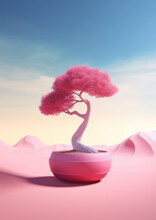 A Creative Surreal Scene With A Pastel Red Bonsai Tree In A Desert Environment. Minimal Composition. Generative AI.