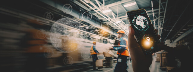 Wall Mural - Businessman using smartphone global logistics network AI distribution and transportation, Smart logistics, Innovation future of transport on large warehouse center background.