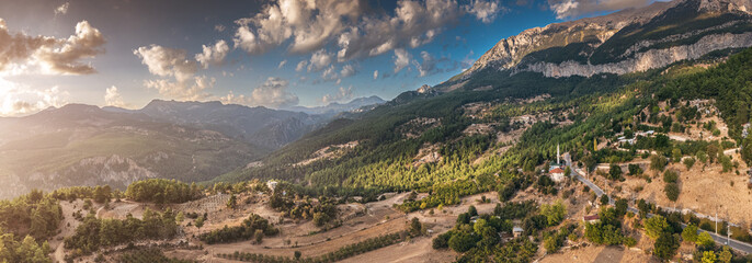 Wall Mural - Panoramic aerial view of a Taurus mountains and Citdibi village. Scenic landscape of a Lycian Way trail in Turkey