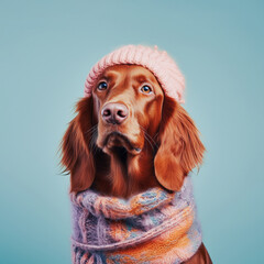 Irish setter breed dog dressed as a hippie with a colorful hat and sweater posing in front of a minimal pastel background. Generative AI.