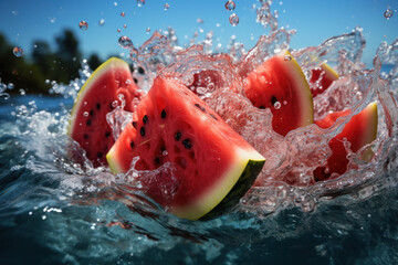 Wall Mural - Watermelon splash. Ripe watermelon in splashes of water. Generative AI