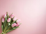 Fototapeta Tulipany - Beautiful bouquet of pink tulips flowers on pastel pink background