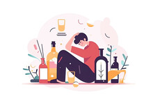 Strong Hangover Of Man After Drinking Alcohol. Drunk Tiny Person Sitting With Bottle And Glasses Of Liquor.AI Generated