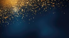 Abstract Background With Dark Blue And Gold Particle. Christmas Golden Light Shine Particles Bokeh On Navy Blue Background. Gold Foil Texture. Holiday Concept. Generative AI