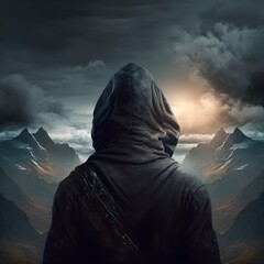 man in black hood looking up back shot beautiful sky horizon in a valley calming pretty hyper realism hyper detailed 8k sharp 