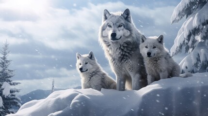 Sticker - Wolf family in the snow. Generative AI