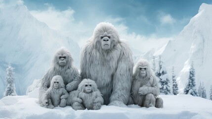 Yeti family in the snow. Generative AI