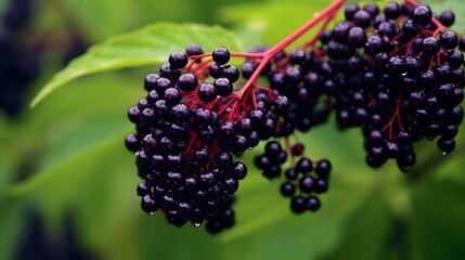 Elderberry berries on a branch with green leaves in the garden