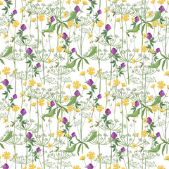 Trendy seamless botanical meadow flowers print. Floral seamless ornament of grass meadows. Botanical  Aerial flora pattern with meadow herbs and medium-sized flowers, thin stems, graceful fragile