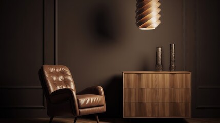 Wall Mural - Dark brown room mockup with armchair lamp and drawer cabinet.3d rendering