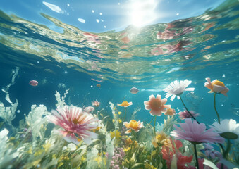 Wall Mural - Scattered summer flowers beneath the water during a sunny day. Generative AI