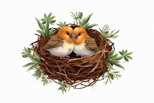 Birds Nest With Two Baby Birds Isolated On White Background With 8k High Resolution