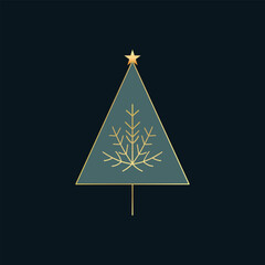 Wall Mural - Beautiful simple graphic golden Christmas tree in turquoise and gold colors with botanical ornament star on dark navy background. Happy New Year greeting card template in retro vintage style