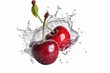 cherries falling into water splash effect isolated on white background with 8k high resolution