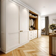 White wooden wardrobe in scandinavian style interior design of modern bedroom. Created with generative AI