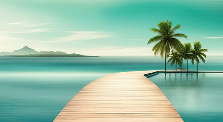 Wall Mural - tropical ocean in green and blue with long wood jetty lots of copy space in sea and sky