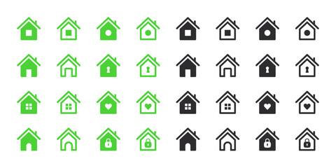 Wall Mural - House icons set. Green and black house icons. Vector scalable graphics