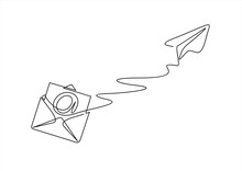 Continuous One Line Drawing Of 
Email Message Post Letter Send Illustration Sketch Outline Drawing.One Line Paper Plane And Envelope.  