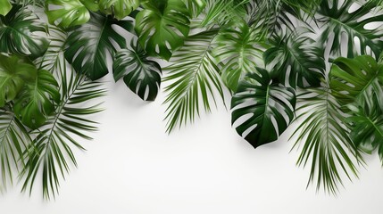 tropical green leaves and palm trees with space for notes, nature flat lay concept