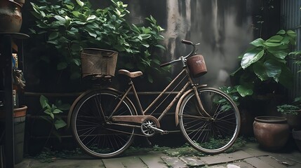 Antique retro rusty old bicycle parking at the side of the house, nature plant, asian oriental resident.