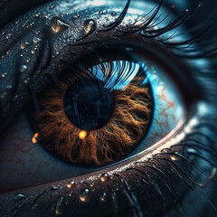 Human eye with galaxy inside close-up on dark background. Ai generated