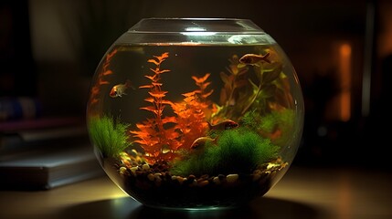 Vibrant underwater ecosystem in a small round fish tank aquarium with colorful stone, aquarium ornament, fish, and artificial aquatic plants.