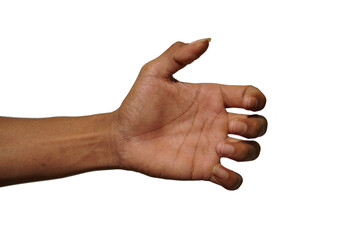 An asian man's hand is holding something like a bottle on a white background