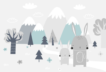 Wall Mural - Vector children hand drawn mountain and cute bunny illustration in scandinavian style. Mountain landscape, clouds. Children's forest wallpaper. Mountainscape, children's room design, wall decor.